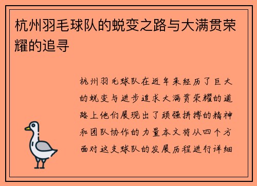 杭州羽毛球队的蜕变之路与大满贯荣耀的追寻